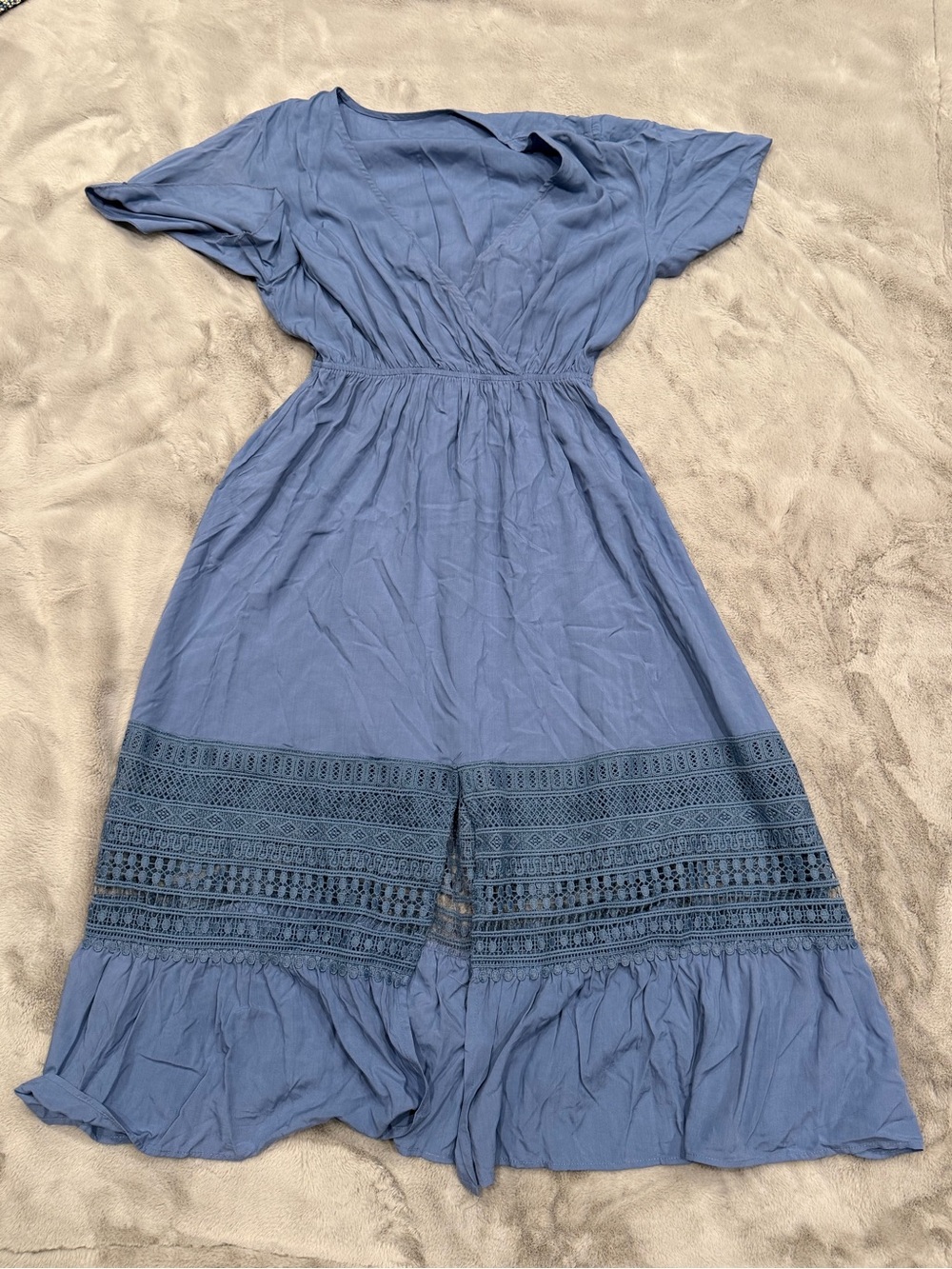 CUPSHE Dusty Blue Crochet Lace Trim Midi Dress Size Medium Boho Short Sleeve